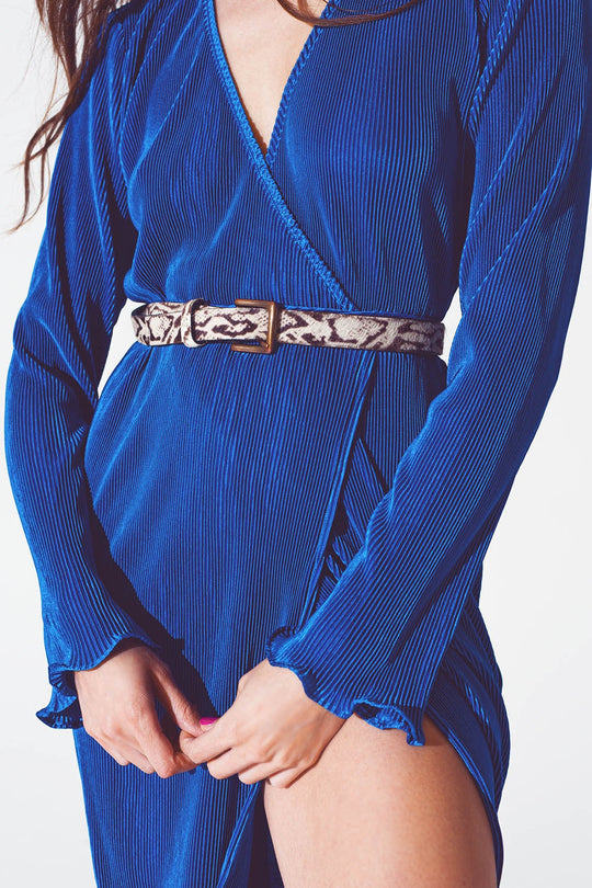 Satin Wrap Detail Pleated Dress in Blue