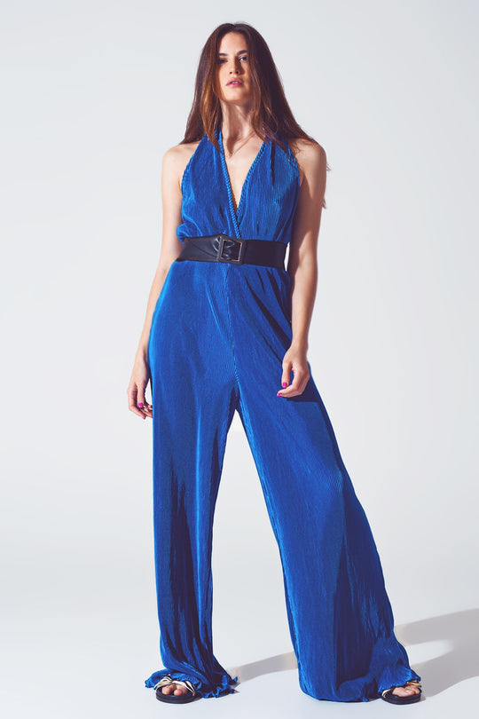 Satin Halter Neck Pleated Maxi Jumpsuit in Blue