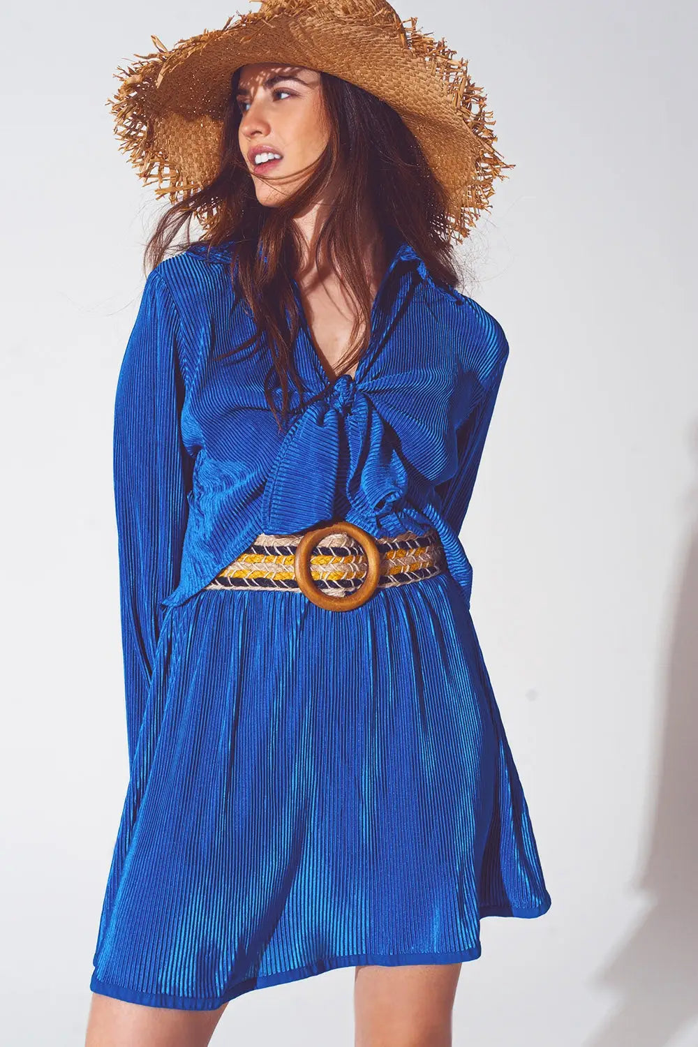 Tie Front Pleated Crop Top in Blue - Tops