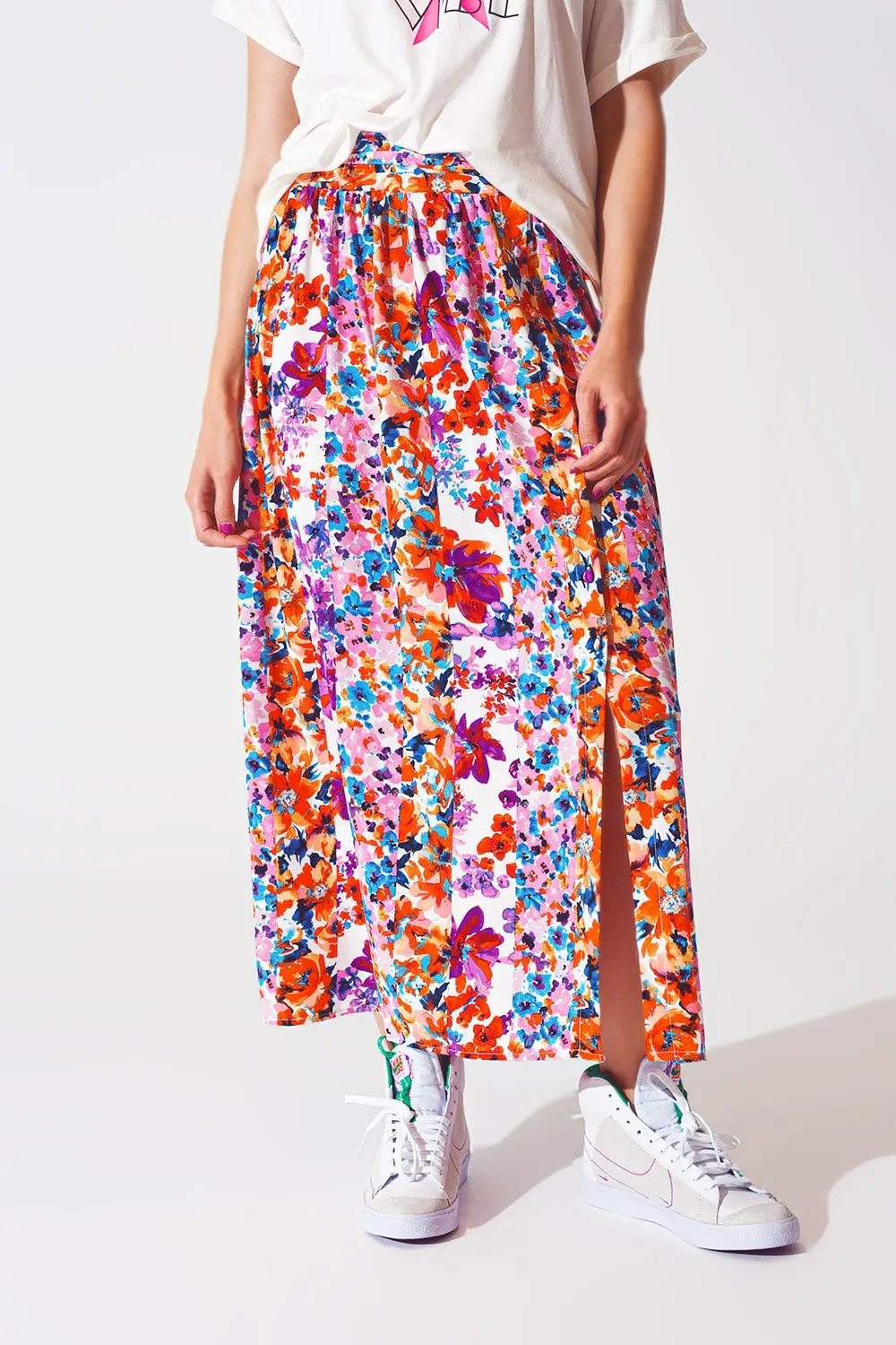 Flower Print Pleated Midi Skirt - Skirts