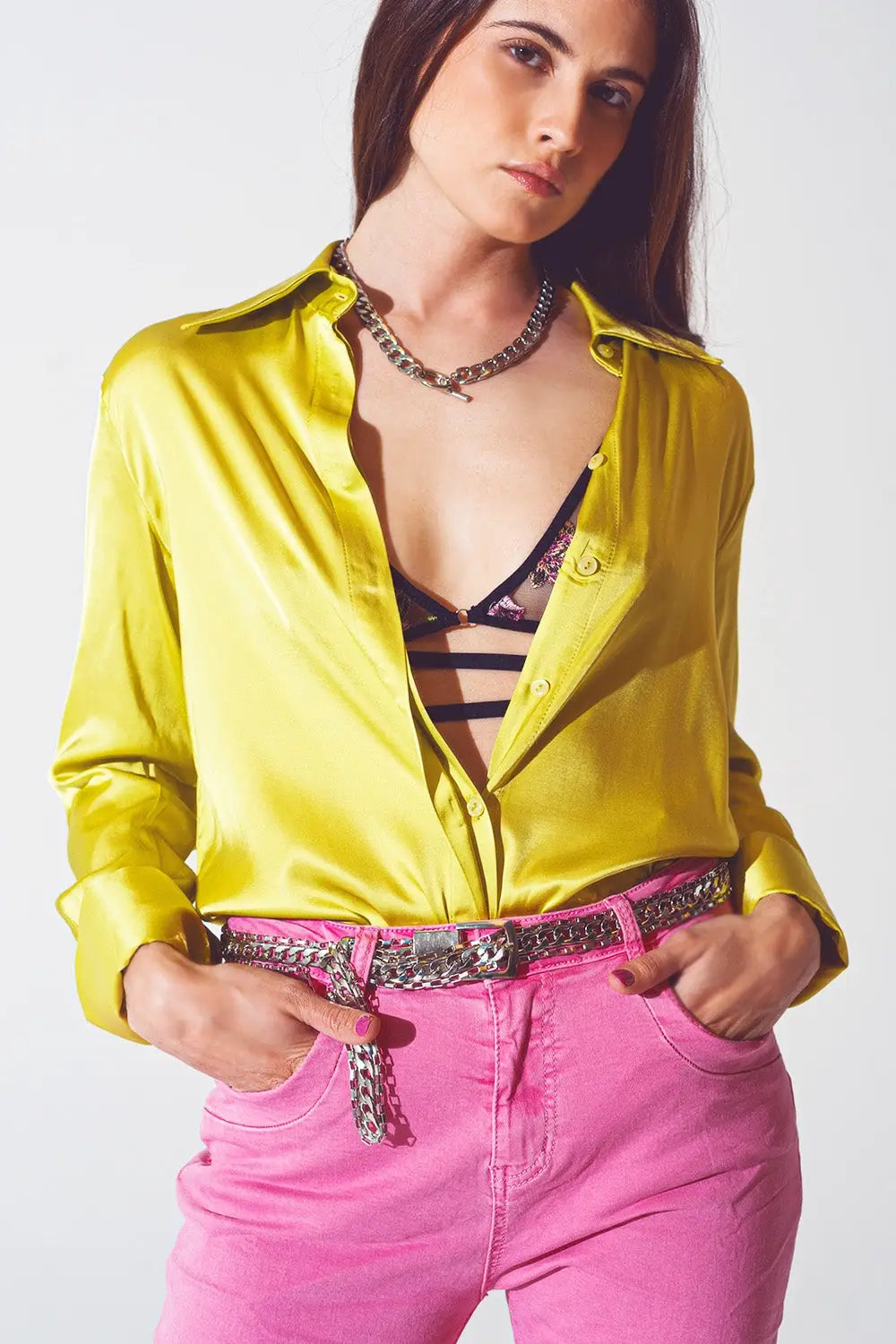 Satin shirt with split cuff in lime green - Shirts