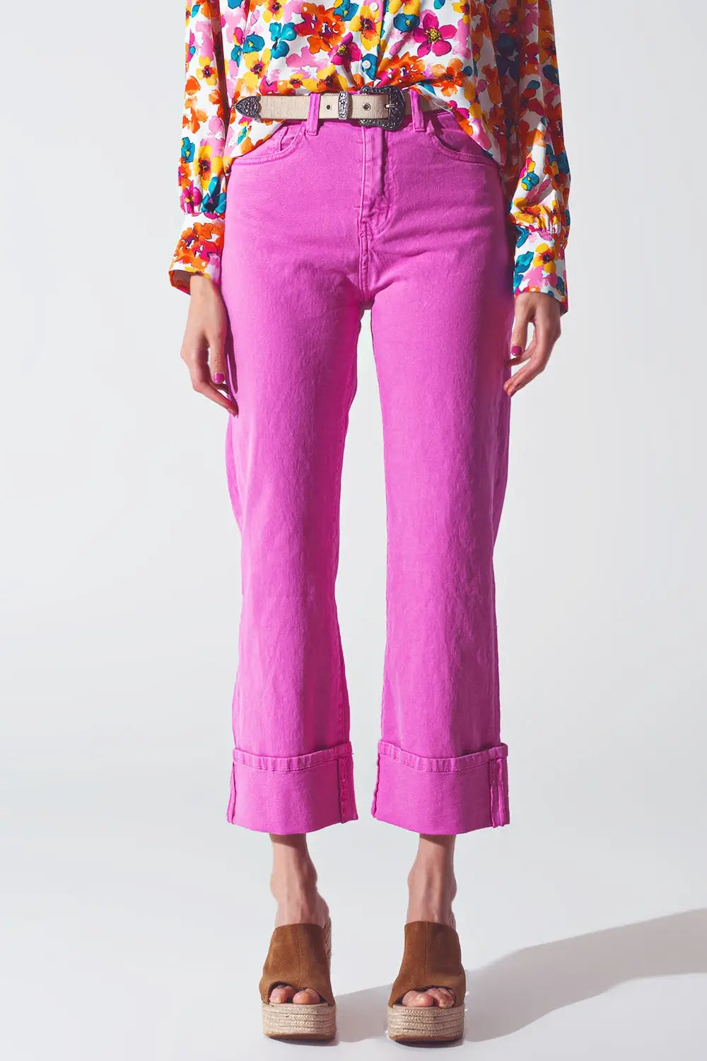 Straight Leg Jeans with Cropped Hem in Fuchsia - Colored Jeans