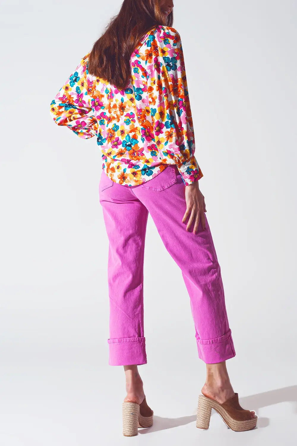Straight Leg Jeans with Cropped Hem in Fuchsia - Colored Jeans