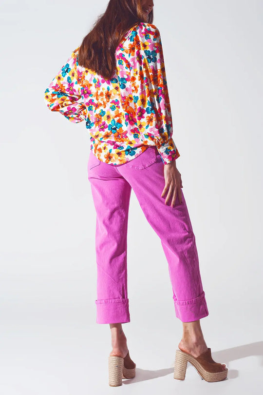 Straight Leg Jeans with Cropped Hem in Fuchsia - Colored Jeans