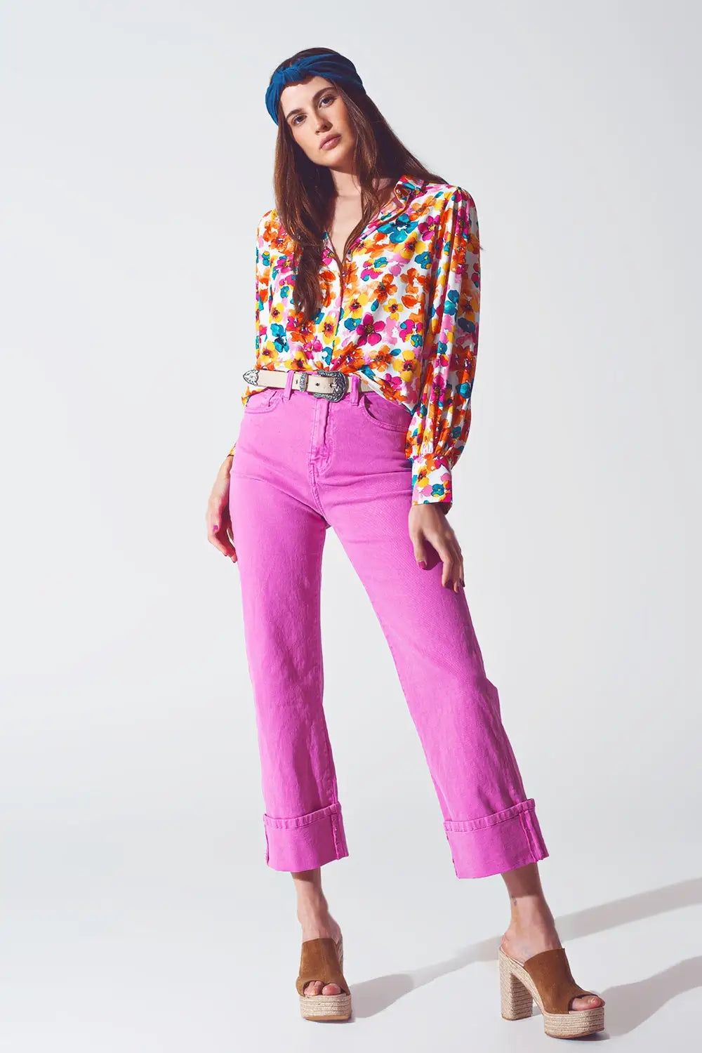 Straight Leg Jeans with Cropped Hem in Fuchsia - Colored Jeans