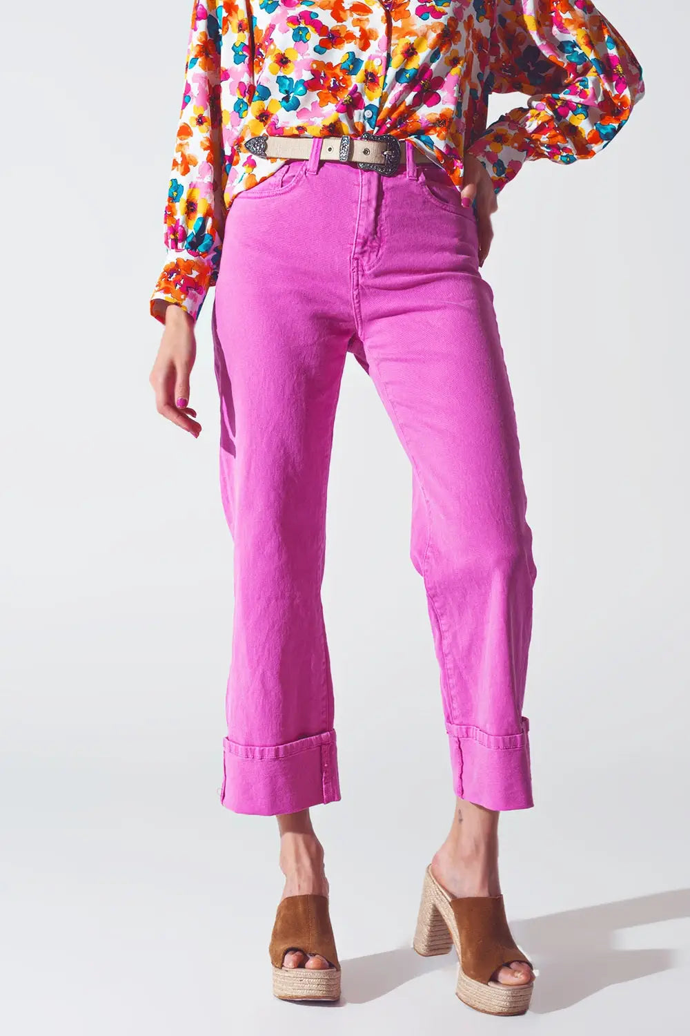 Straight Leg Jeans with Cropped Hem in Fuchsia - Colored Jeans