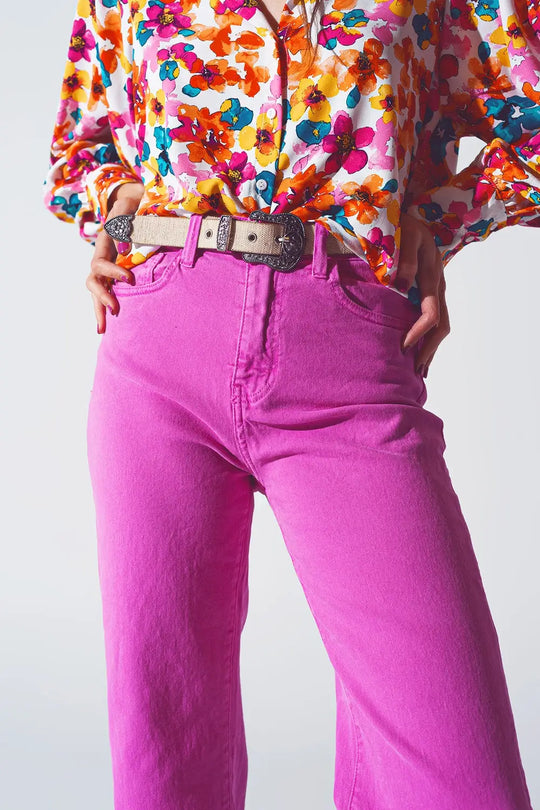 Straight Leg Jeans with Cropped Hem in Fuchsia - Colored Jeans