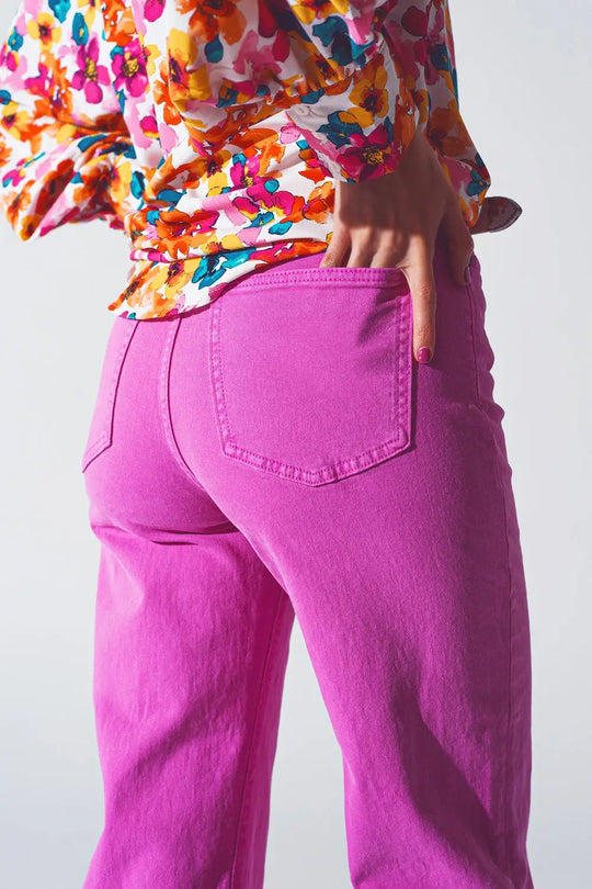 Straight Leg Jeans with Cropped Hem in Fuchsia - Colored Jeans