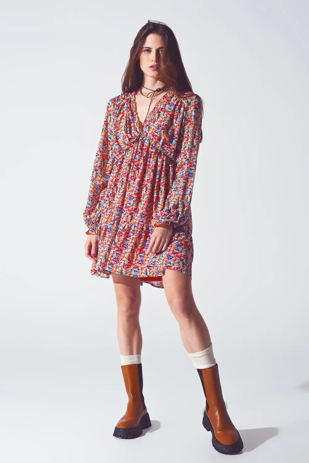 Floral V Neck Mini Dress in Multicolour - Dresses