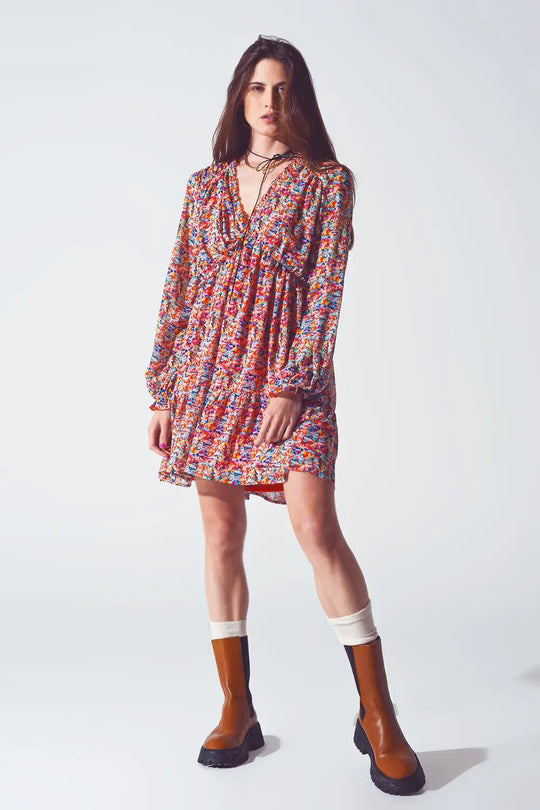 Floral V Neck Mini Dress in Multicolour - Dresses