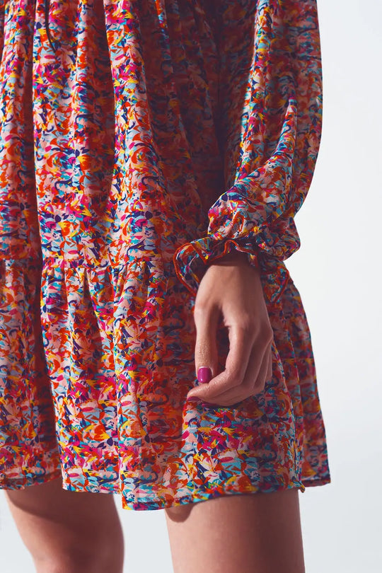 Floral V Neck Mini Dress in Multicolour - Dresses