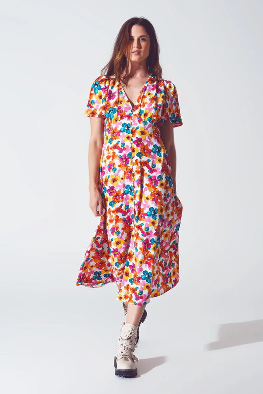 Midi Cinched In Wist Dress In Multicolot Floral Print - Dresses