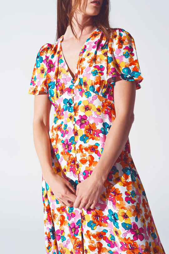 Midi Cinched In Wist Dress In Multicolot Floral Print - Dresses