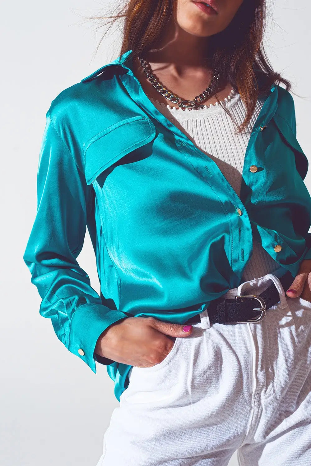 satin blouse in turquoise - Shirts