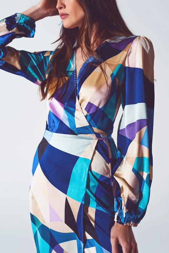 Wrap Short Abstract Print Dress in Blue - Dresses