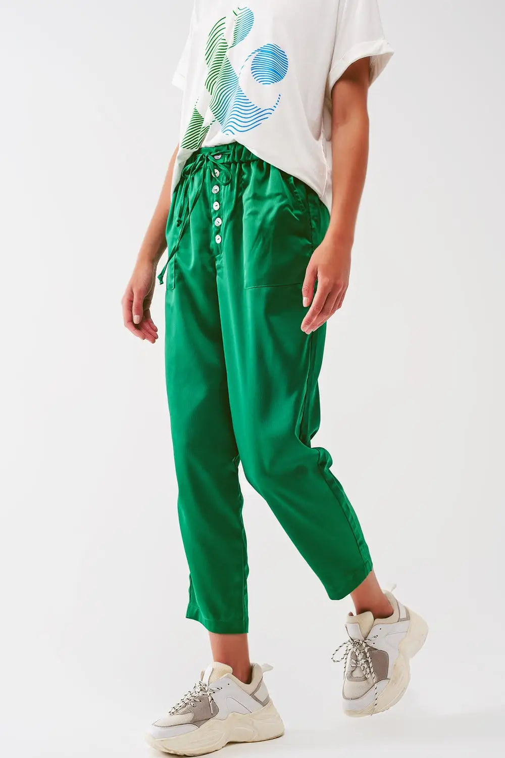 Satin Cropped Pants in Green - Pants