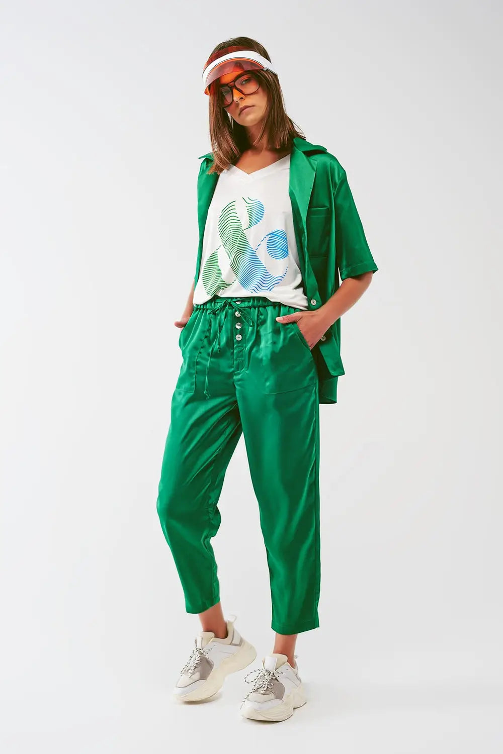 Satin Cropped Pants in Green - Pants