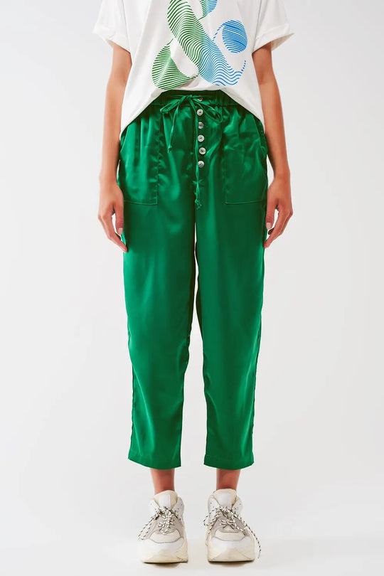Satin Cropped Pants in Green - Pants