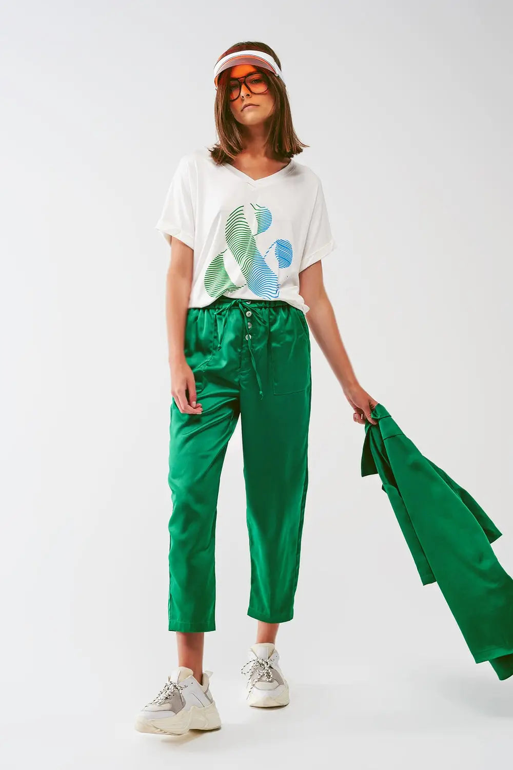 Satin Cropped Pants in Green - Pants
