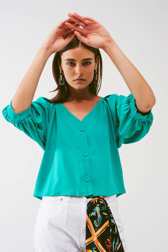 Cropped Button Through Shirt in Green - Shirts