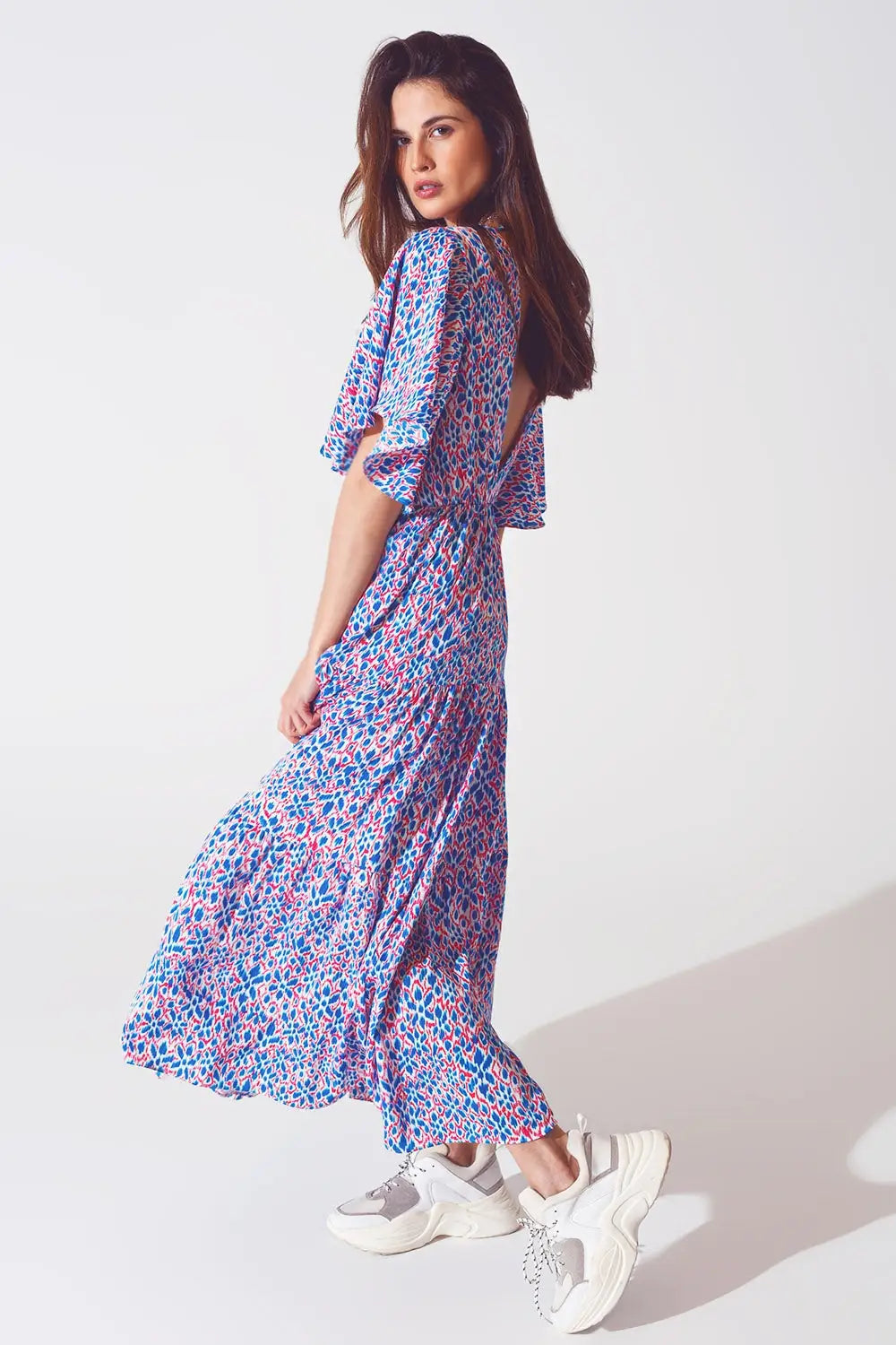 Full Length Dress With Open Tie back in Purple Print - Dresses