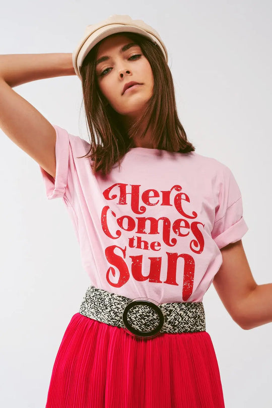 T-Shirt with Here Comes The Sun text in Pink - PINK / ONE - T-Shirts