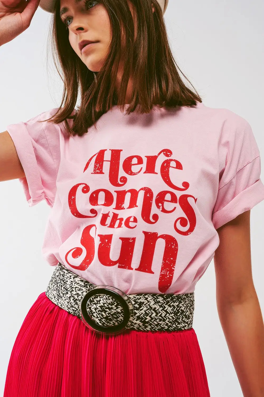 T-Shirt with Here Comes The Sun text in Pink - PINK / ONE - T-Shirts
