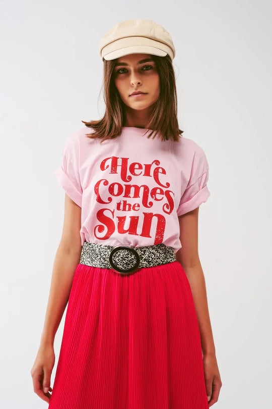 T-Shirt with Here Comes The Sun text in Pink - PINK / ONE - T-Shirts