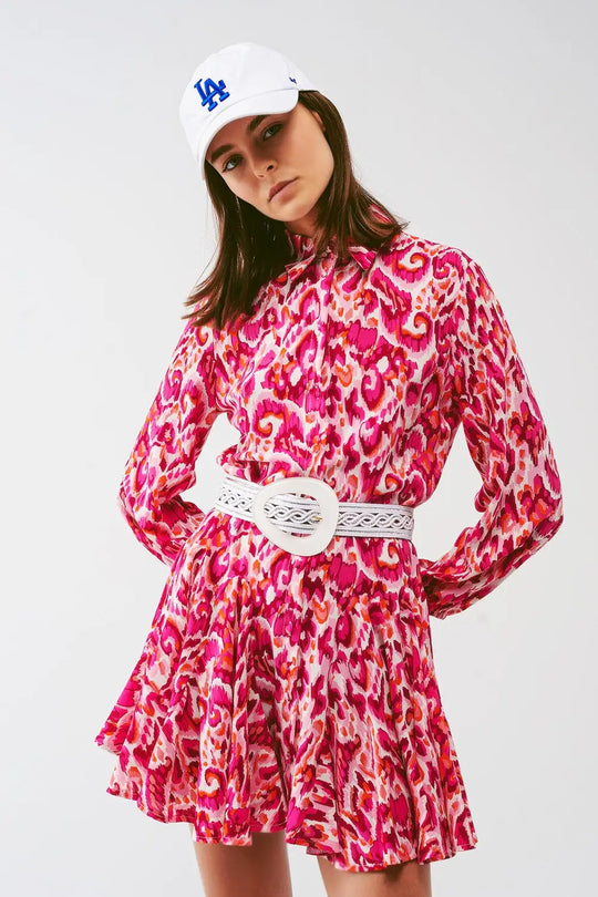 Floral Print Mini Pleated Dress in Pink - Dresses