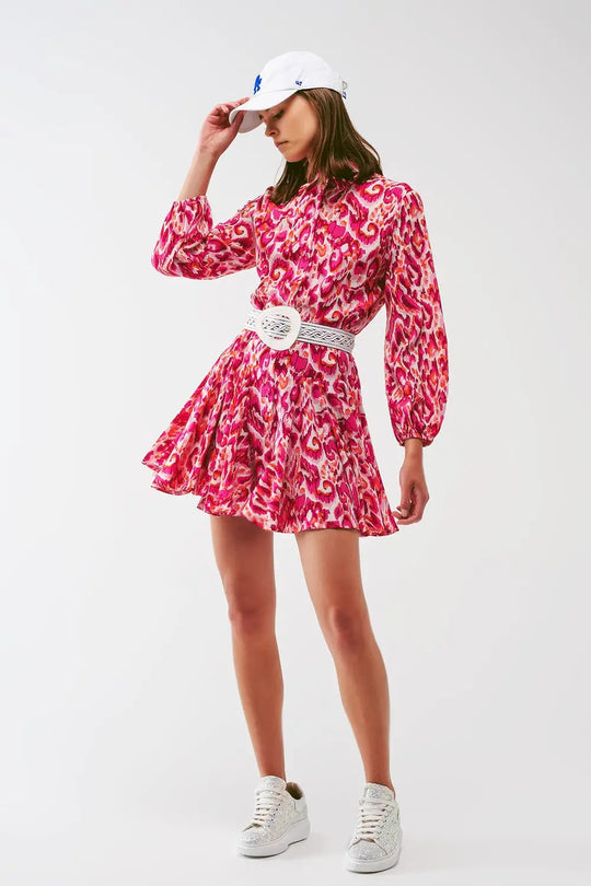 Floral Print Mini Pleated Dress in Pink - Dresses