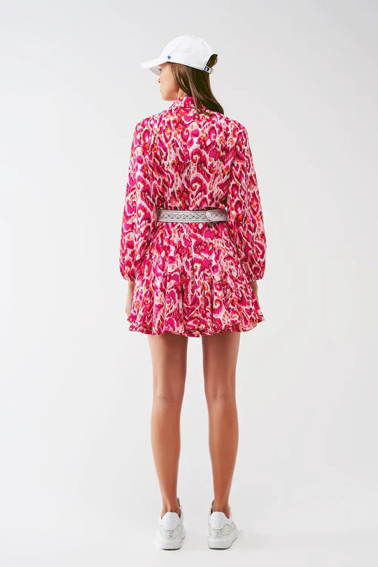 Floral Print Mini Pleated Dress in Pink - Dresses