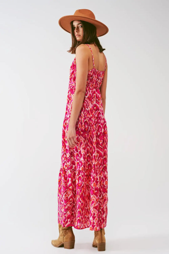 Floral Print Maxi Dress with V neck in Pink - Dresses