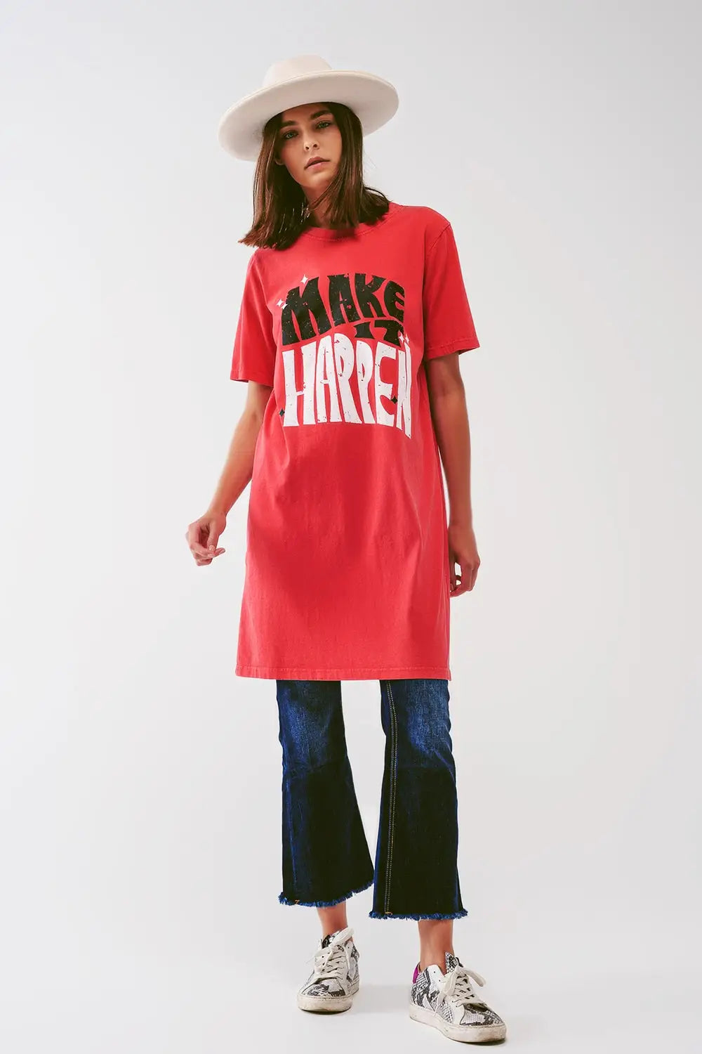 T-shirt Dress with Make It Happen Text in Red - ORANGE / ONE - Dresses
