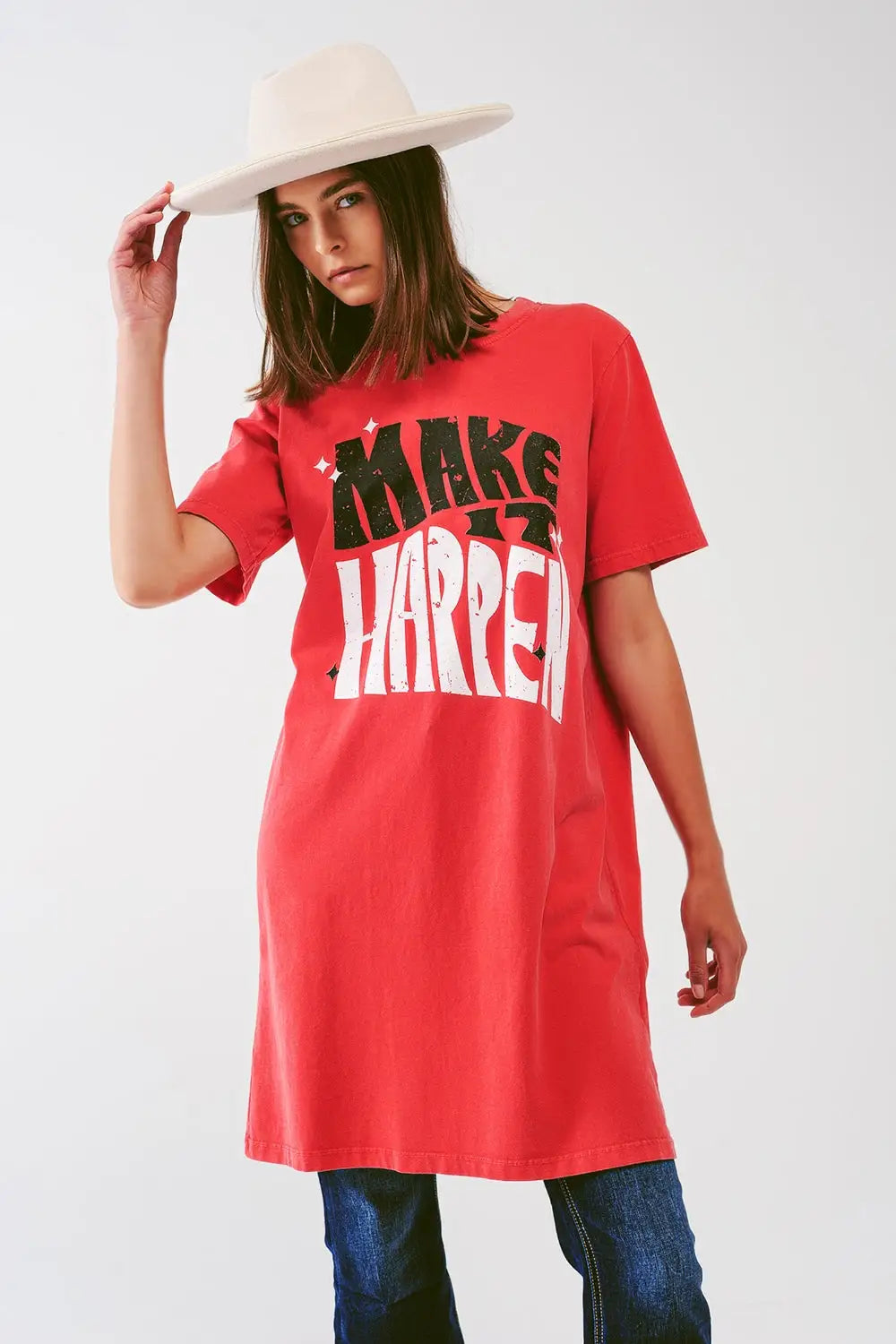 T-shirt Dress with Make It Happen Text in Red - ORANGE / ONE - Dresses