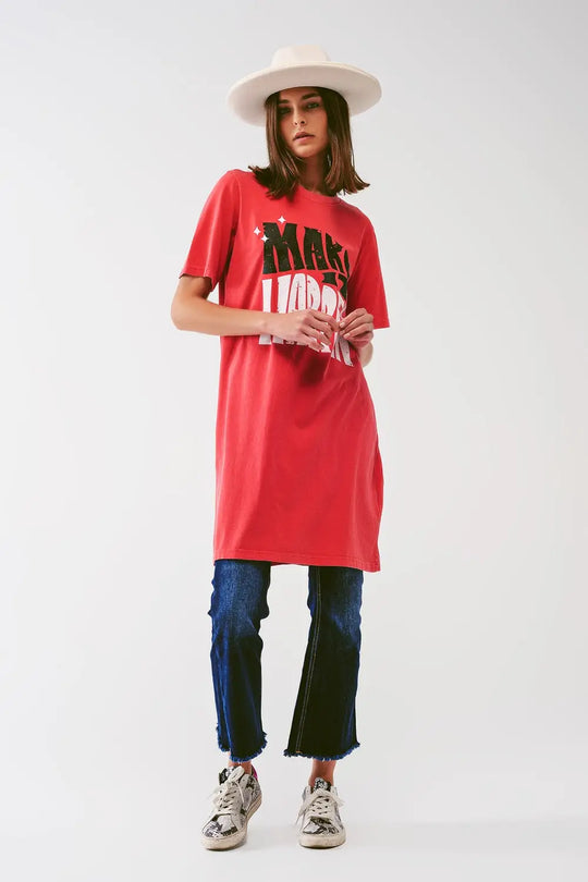 T-shirt Dress with Make It Happen Text in Red - ORANGE / ONE - Dresses