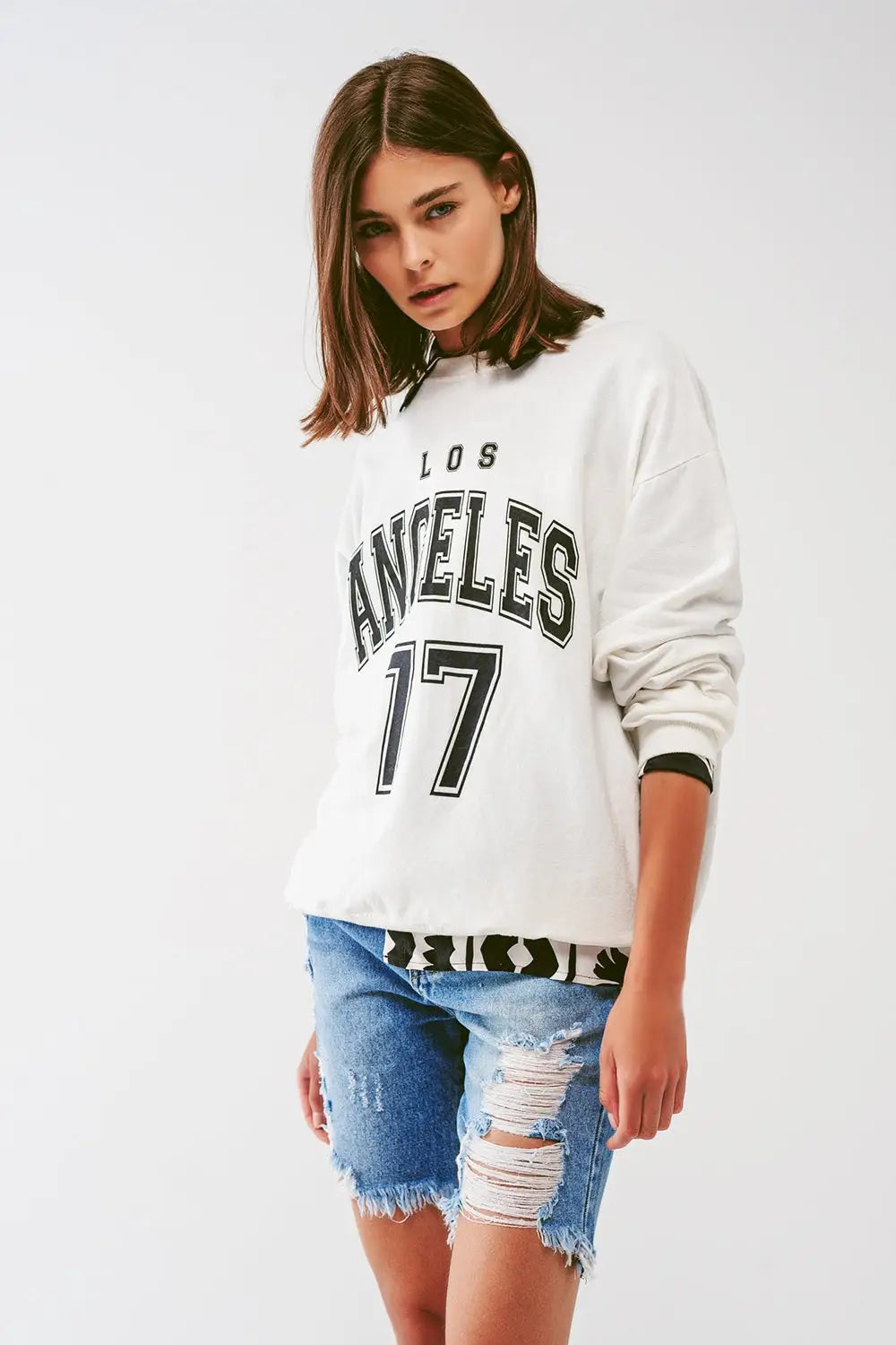 Oversized Sweat with Los Angeles Text in White - WHITE / ONE - Sweaters