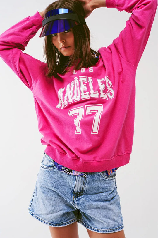 Sweatshirt with Los Angeles 77 Text in Pink - FUCHSIA / ONE - Sweaters