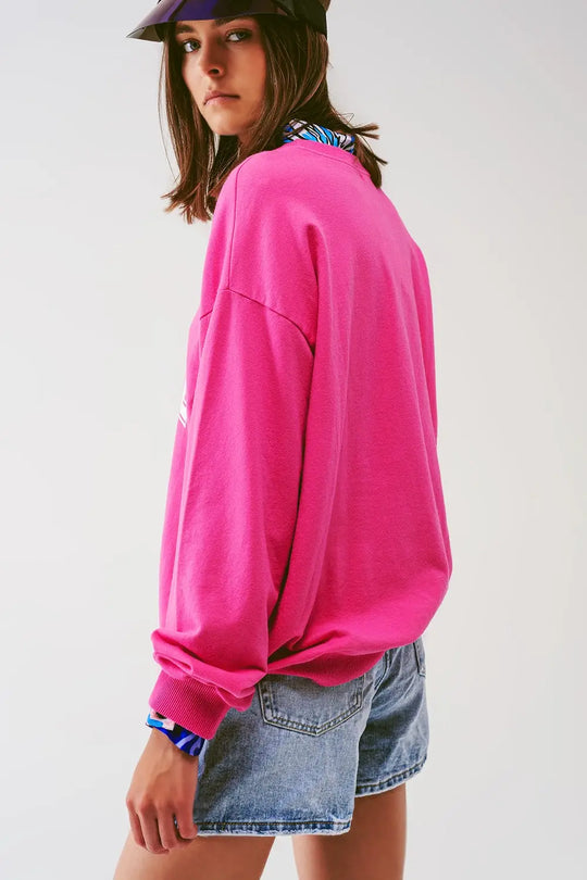 Sweatshirt with Los Angeles 77 Text in Pink - FUCHSIA / ONE - Sweaters