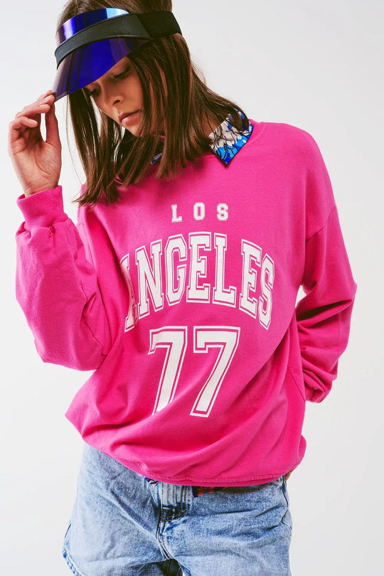 Sweatshirt with Los Angeles 77 Text in Pink - FUCHSIA / ONE - Sweaters