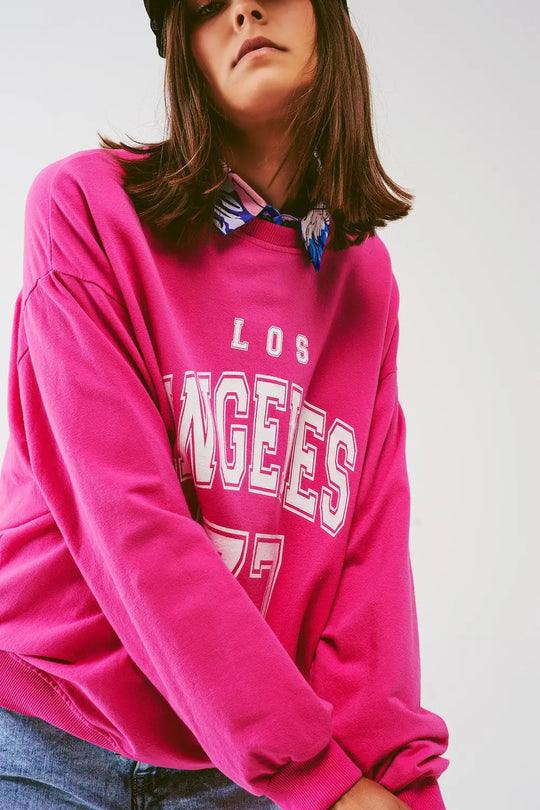 Sweatshirt with Los Angeles 77 Text in Pink - FUCHSIA / ONE - Sweaters