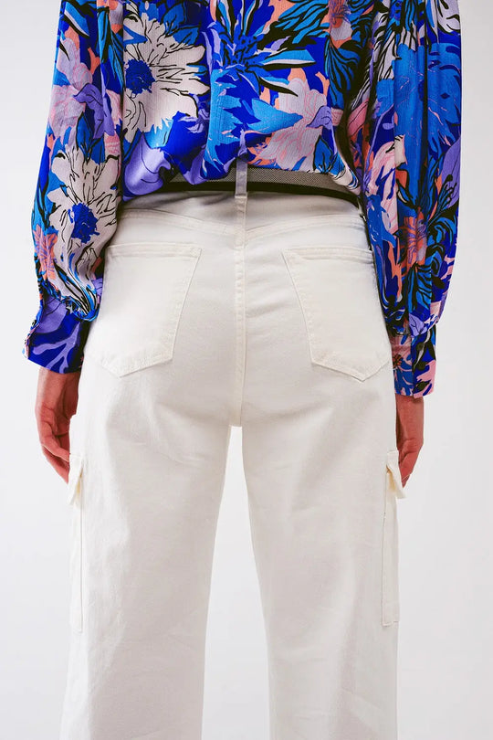 Straight Leg Cargo Jeans in White - Colored Jeans