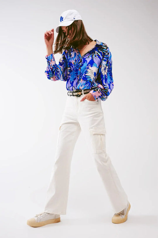 Straight Leg Cargo Jeans in White - Colored Jeans