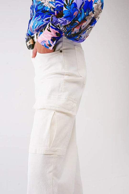 Straight Leg Cargo Jeans in White - Colored Jeans