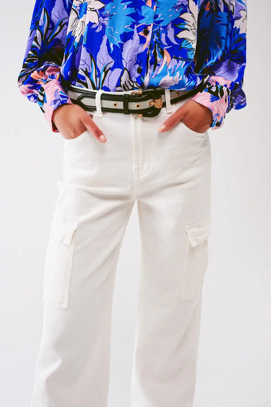 Straight Leg Cargo Jeans in White - Colored Jeans