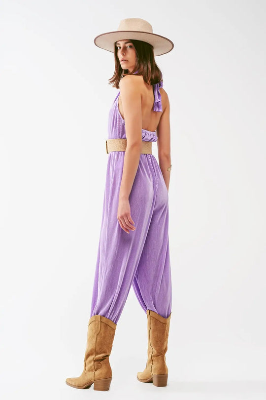 Satin Halter Neck Pleated Maxi Jumpsuit in lilac - Jumpsuits