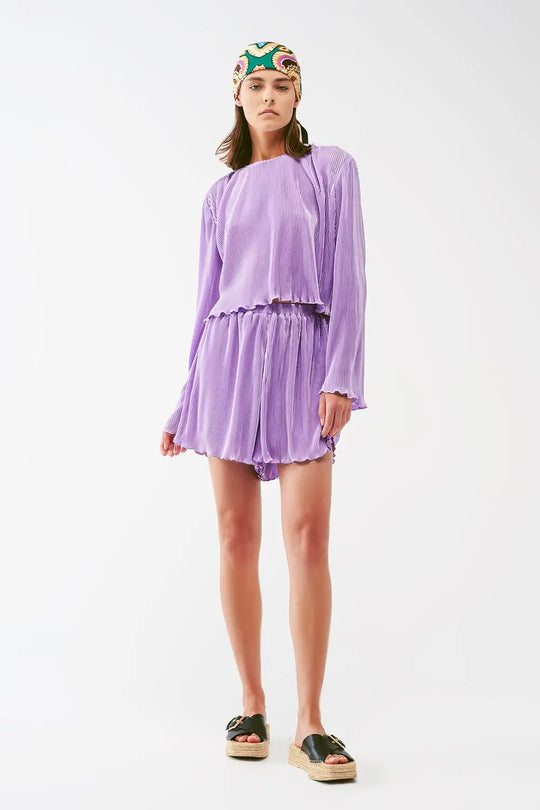 Pleated Round Neck Crop Top in lilac - Tops