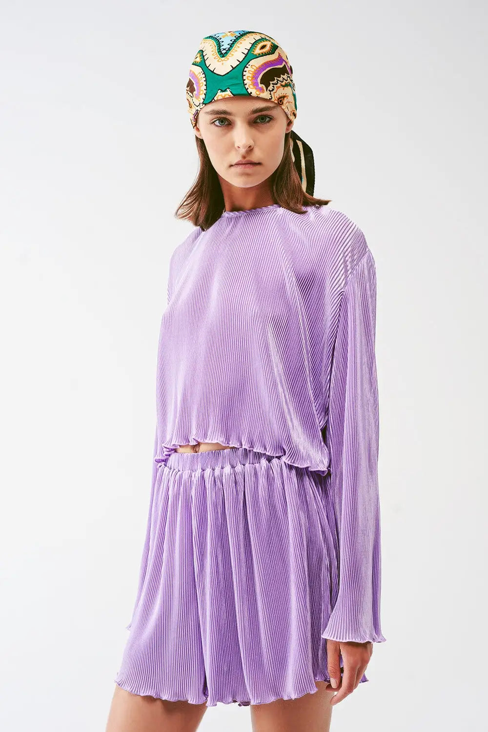 Pleated Round Neck Crop Top in lilac - Tops