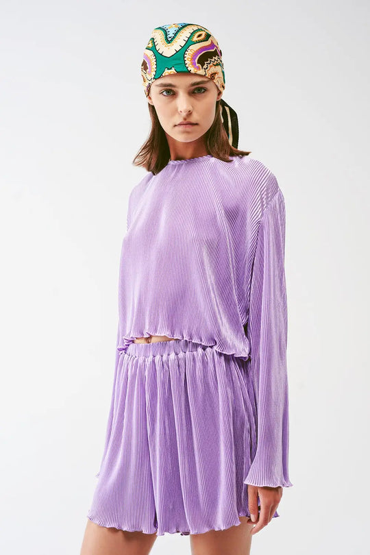 Pleated Round Neck Crop Top in lilac - Tops