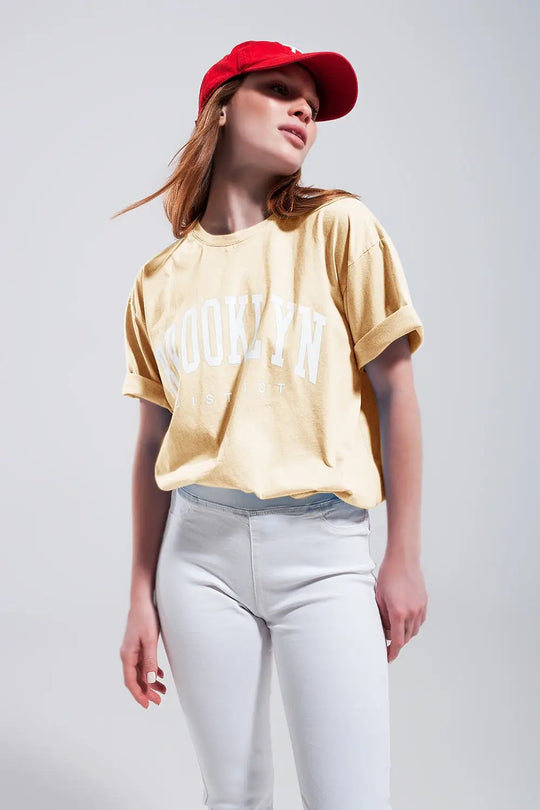 T-Shirt with Brooklyn District Text in yellow - YELLOW / ONE - T-Shirts
