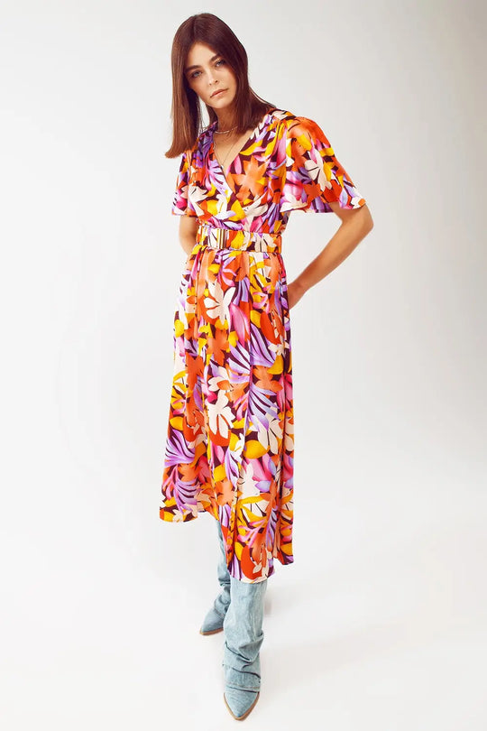 Pleated Maxi V Neck Dress in Multicolour - Dresses